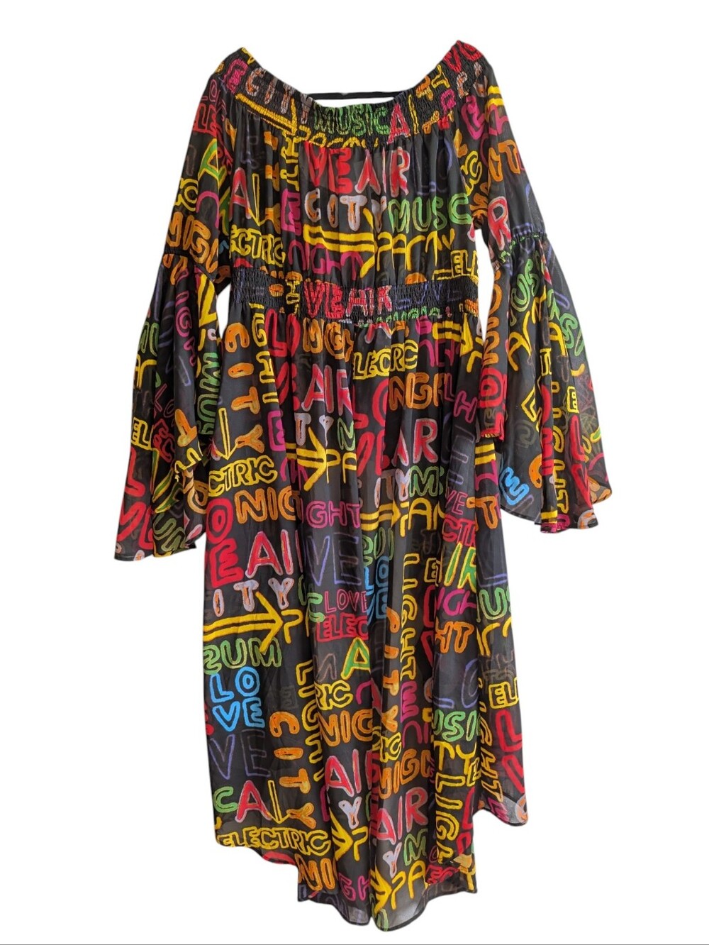Ashley Stewart Graffiti Sheer Blouse Dress Colorful Statement Festival Flowy - Picture 5 of 5